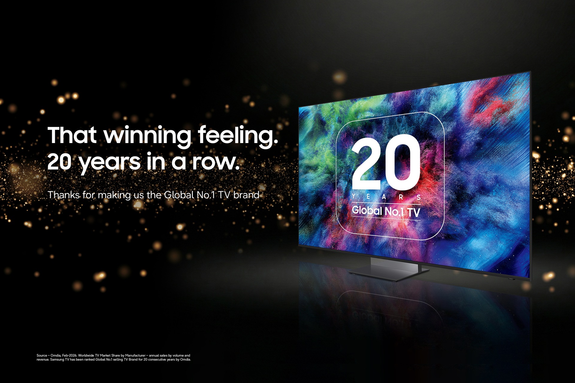 Feierlicher Fernsehspot mit dem Text: „Dieses Gefühl des Sieges. 20 Jahre in Folge.“ Zeigt einen bunten Fernsehbildschirm vor schwarzem Hintergrund mit goldenen Glitzerpartikeln.