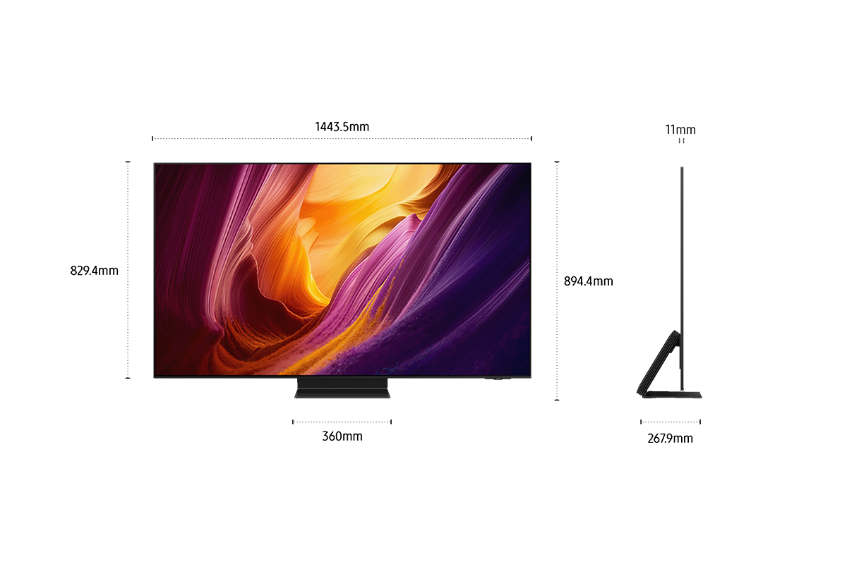 OLED S95H deren Abmessungen eingeblendet sind. 