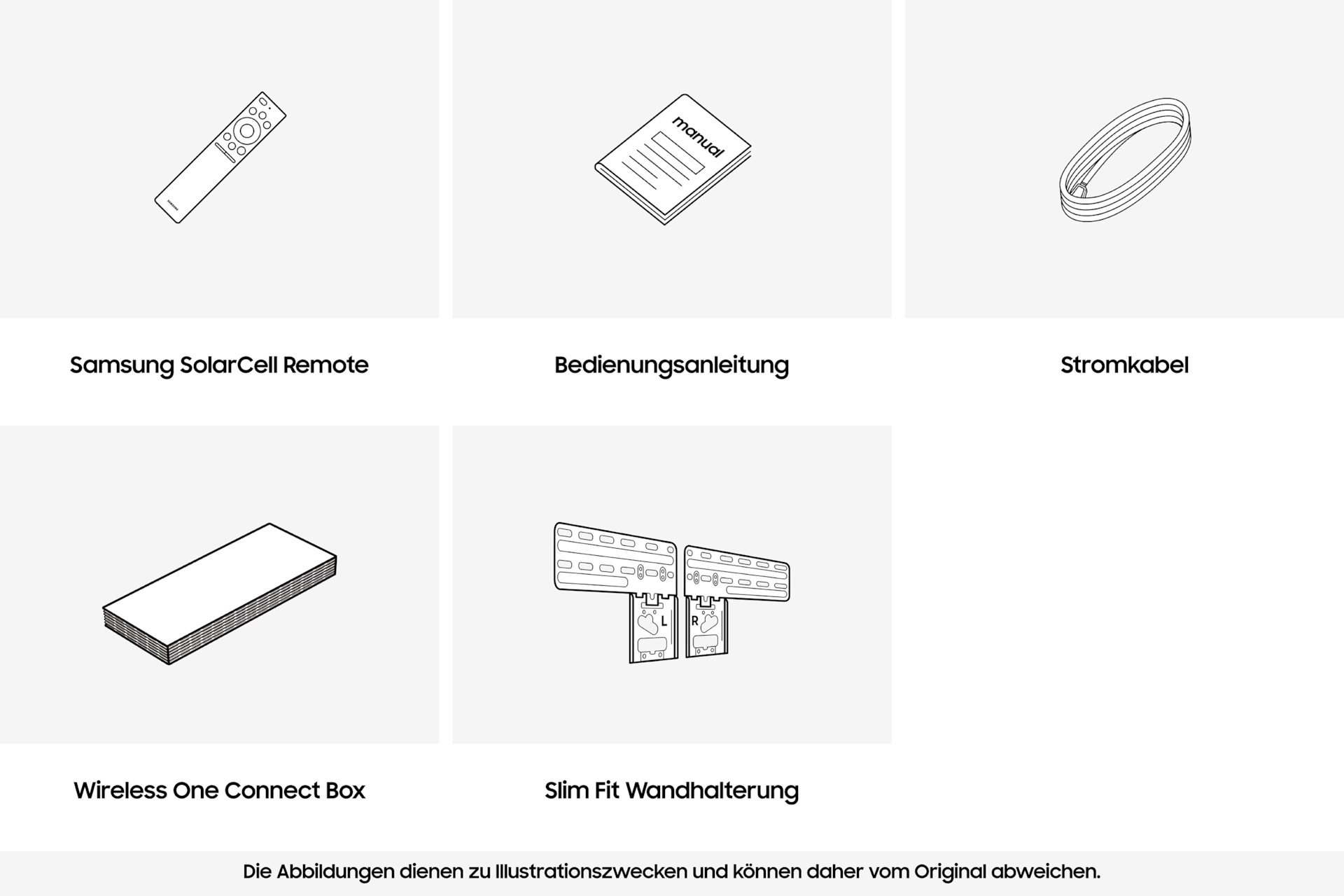 Abbildung einer Samsung SolarCell-Fernbedienung, eines Netzkabels, einer Bedienungsanleitung, einer Wireless One Connect Box und einer Slim Fit Wandhalterung.