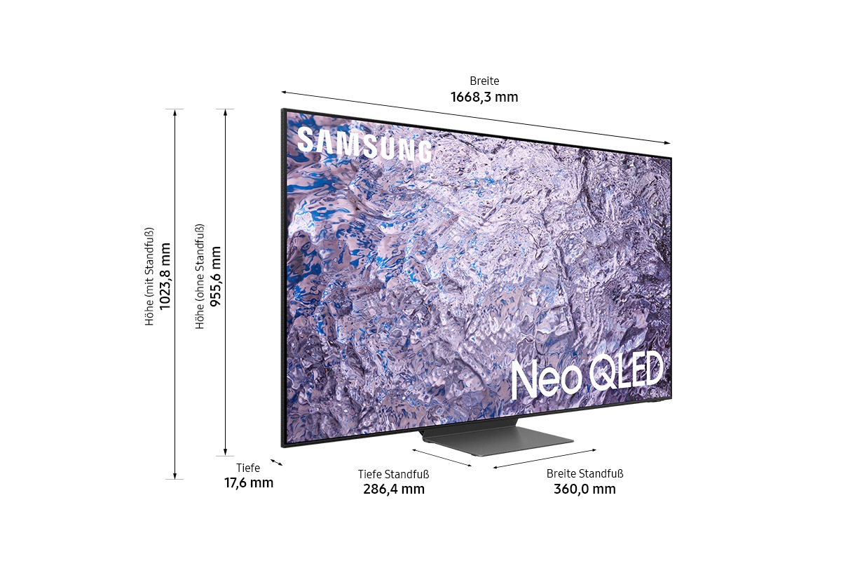 Dimension of Samsung Neo QLED TV QN800C with silver connected stand