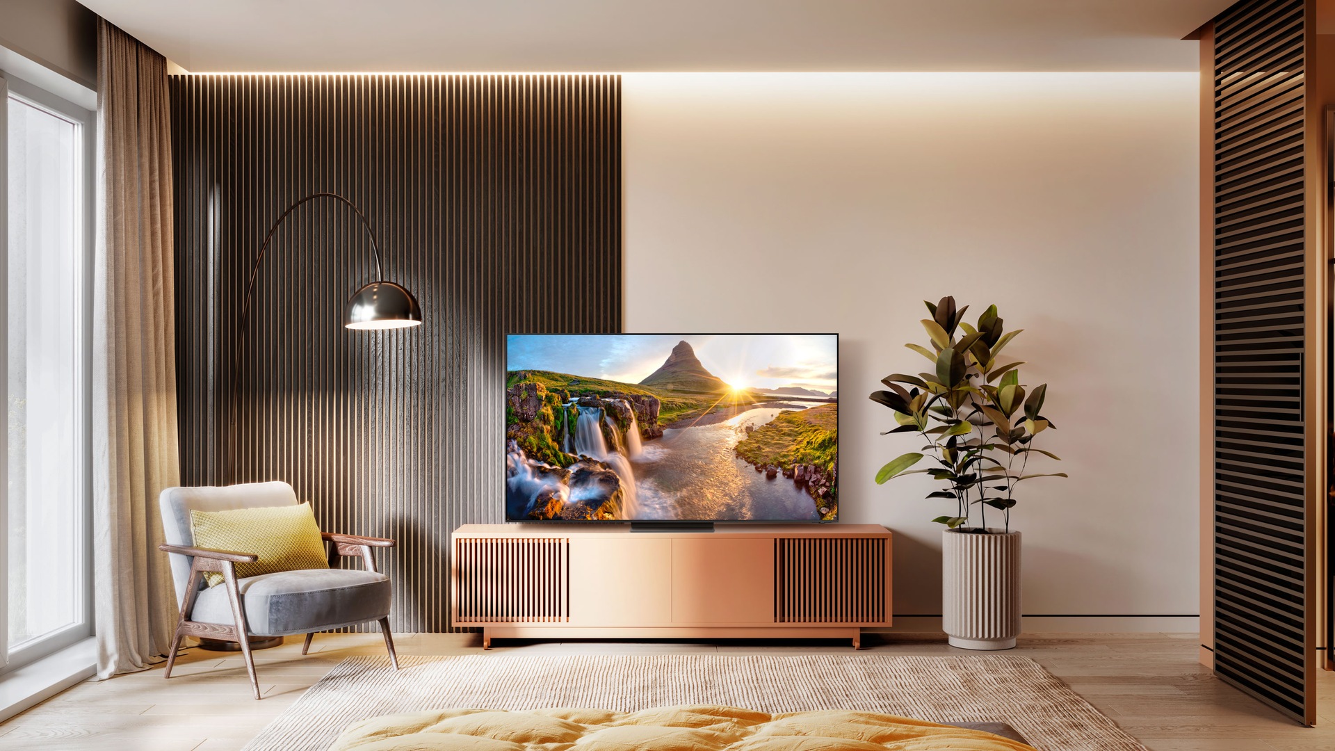 A Neo QLED TV is on display in a cozy bedroom-like environment.