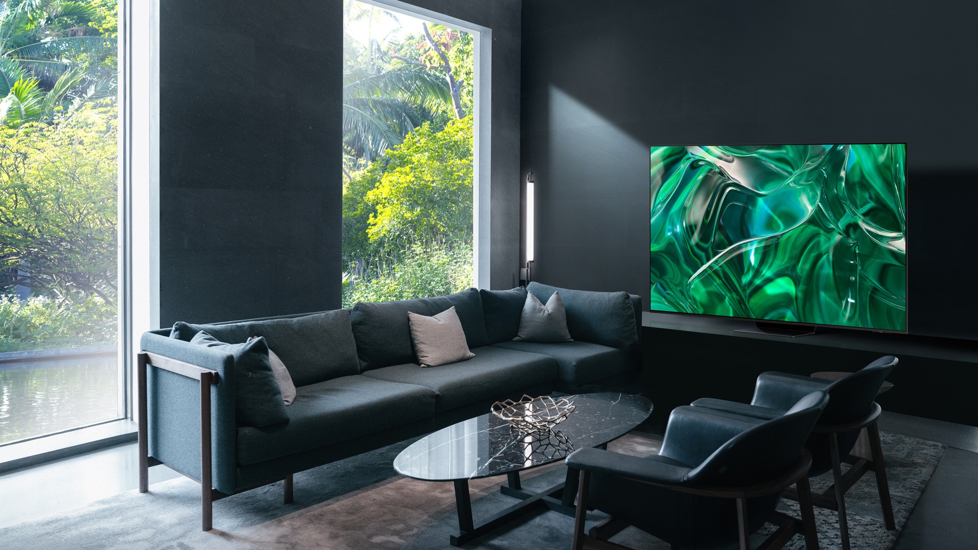 OLED is displayed in a dark living room.