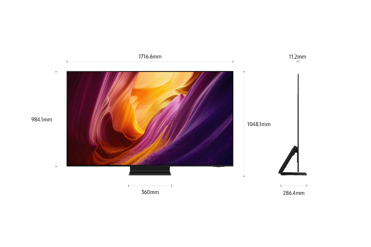 OLED S95H deren Abmessungen eingeblendet sind. 