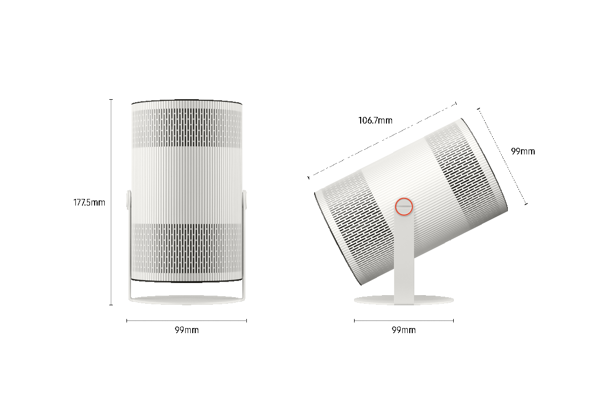 Abmessungen des Samsung The Freestyle+ Projektors. Höhe mit Ständer (177.5 mm). Breite mit Ständer (106.7 mm). Abmessungen der Ständerbasis (99 mm).