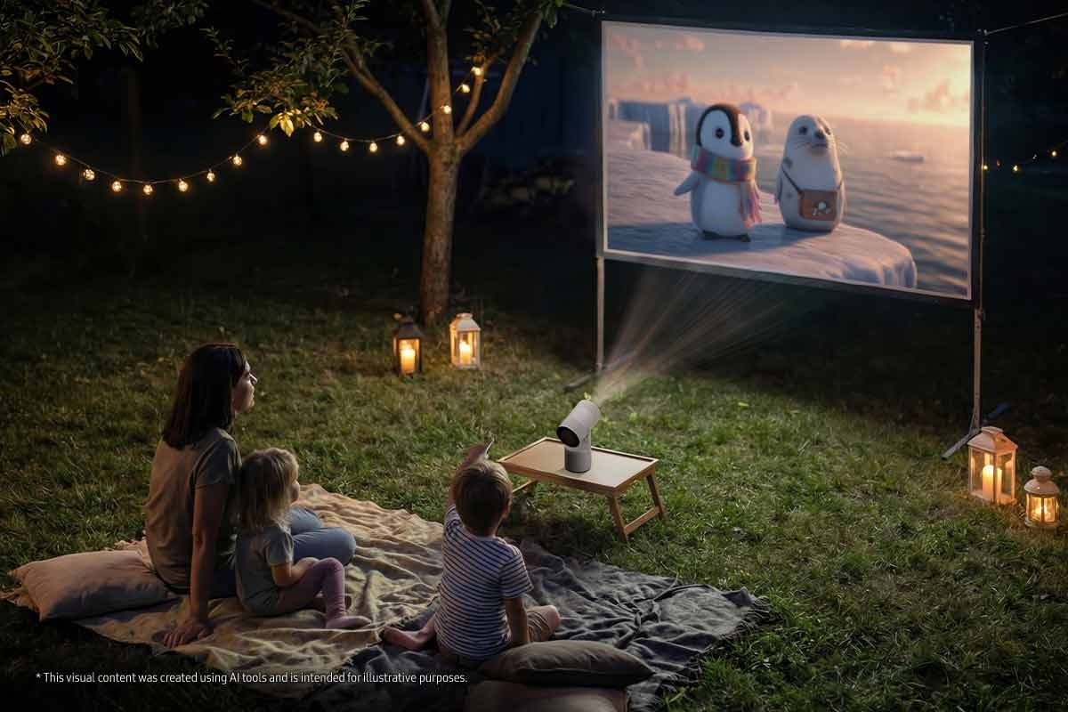 Eine Mutter und zwei Kinder sitzen auf einer Decke im Gras und schauen sich nachts im Freien animierte Inhalte an, die von Samsungs „The Freestyle+“ auf eine tragbare Projektionsfläche projiziert werden. Diese visuellen Inhalte wurden mithilfe von KI-Tools erstellt und dienen lediglich der Veranschaulichung.