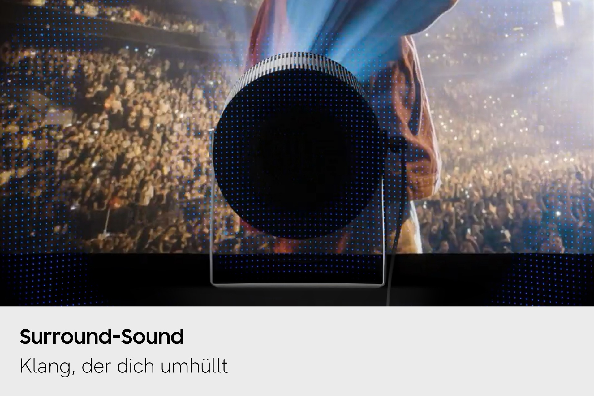 Schallwellen strömen aus der Rückseite des Samsung The Freestyle+, während es eine Konzertszenen projiziert, was darauf hindeutet, dass es ein immersives Klangerlebnis bieten kann.