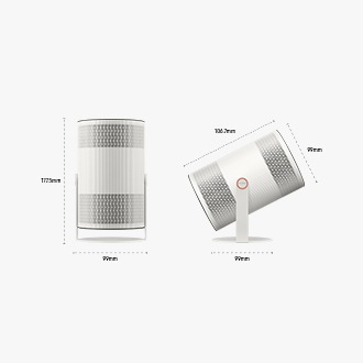 Abmessungen des Samsung The Freestyle+ Projektors. Höhe mit Ständer (177.5 mm). Breite mit Ständer (106.7 mm). Abmessungen der Ständerbasis (99 mm).