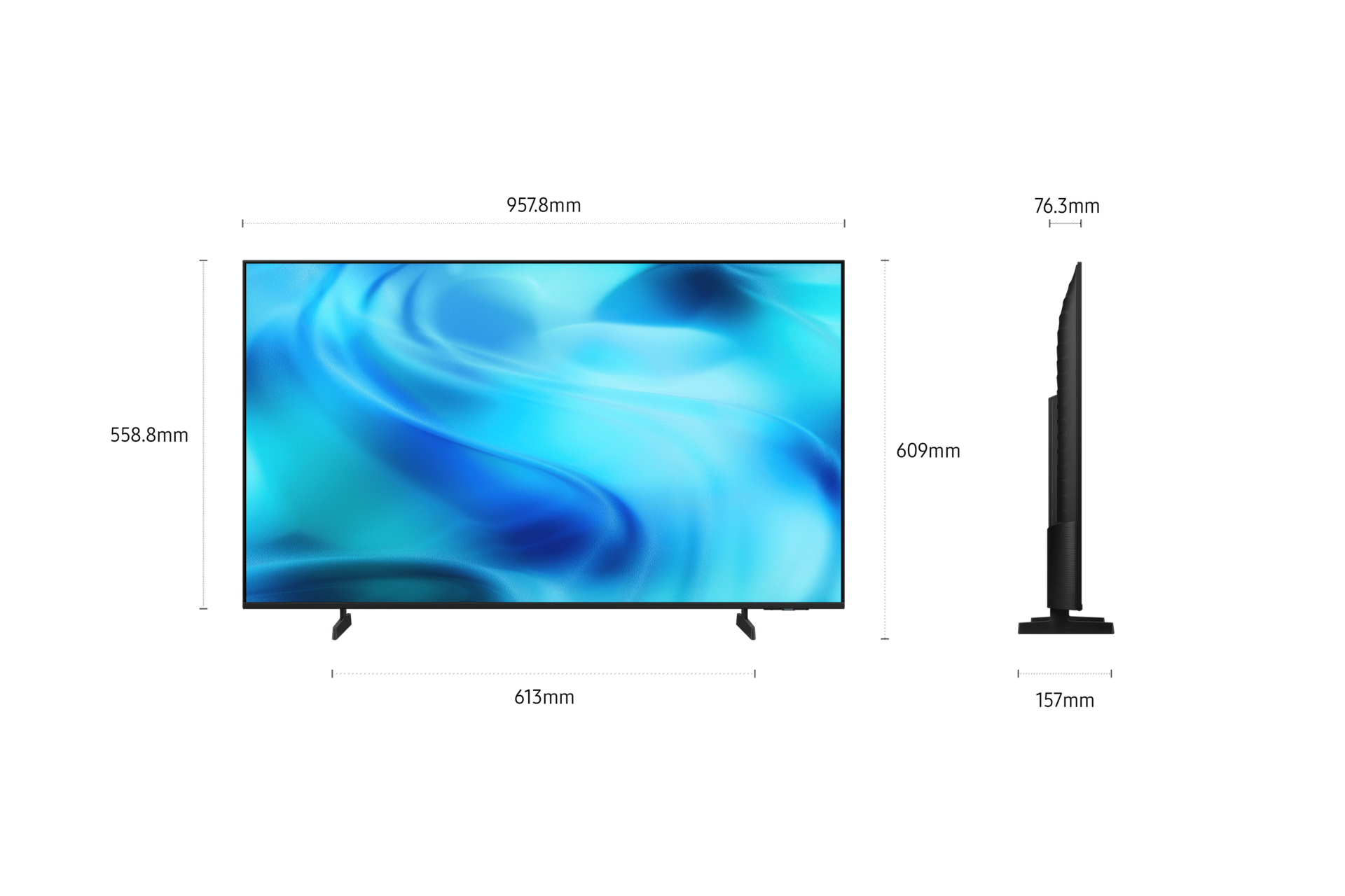UHD U8090H deren Abmessungen eingeblendet sind. 