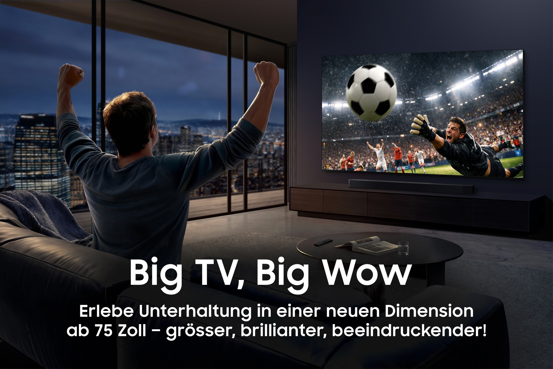 Eine Person sieht sich in einem stilvollen Wohnzimmer ein spannendes Fussballspiel auf einem grossen Fernseher an und reckt jubelnd die Arme in die Höhe. Text: „Grosser Fernseher, grosses Wow.“