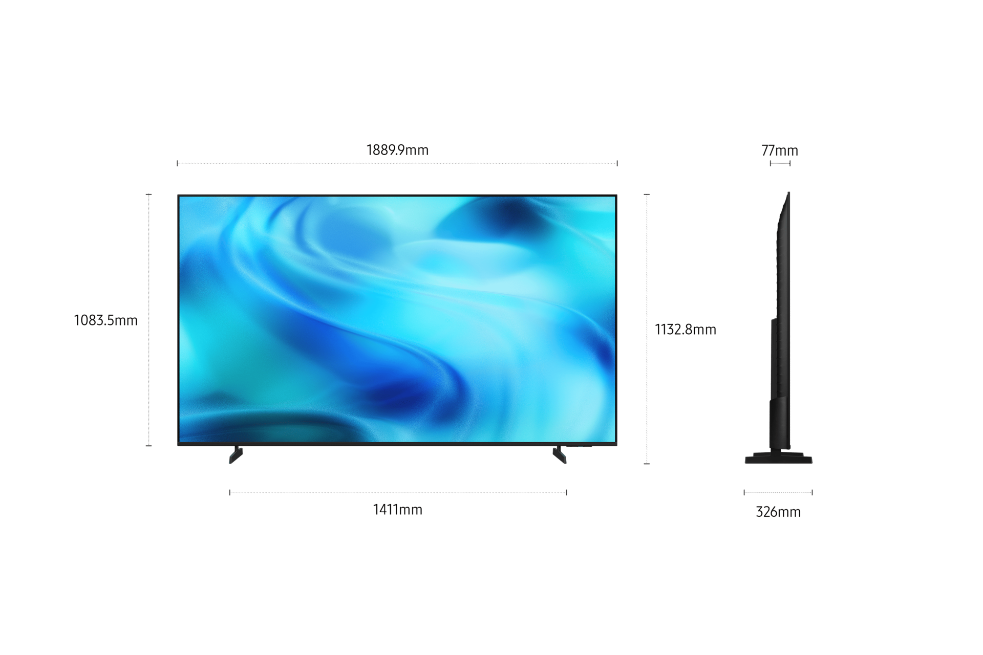 UHD U8090H deren Abmessungen eingeblendet sind. 