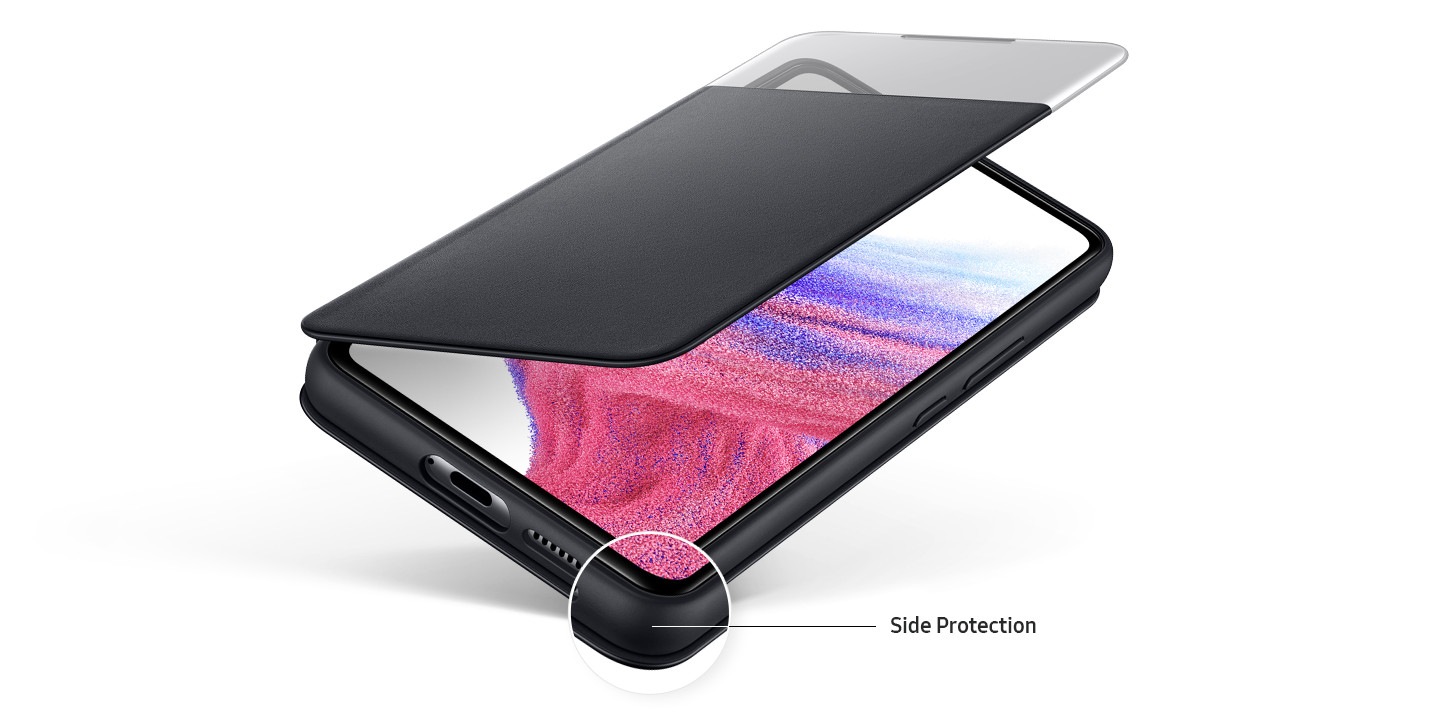 Galaxy A53 with black S View Wallet Cover opened halfway, showing on-screen of the device. Edge of Phone highlighted and text says side protection.