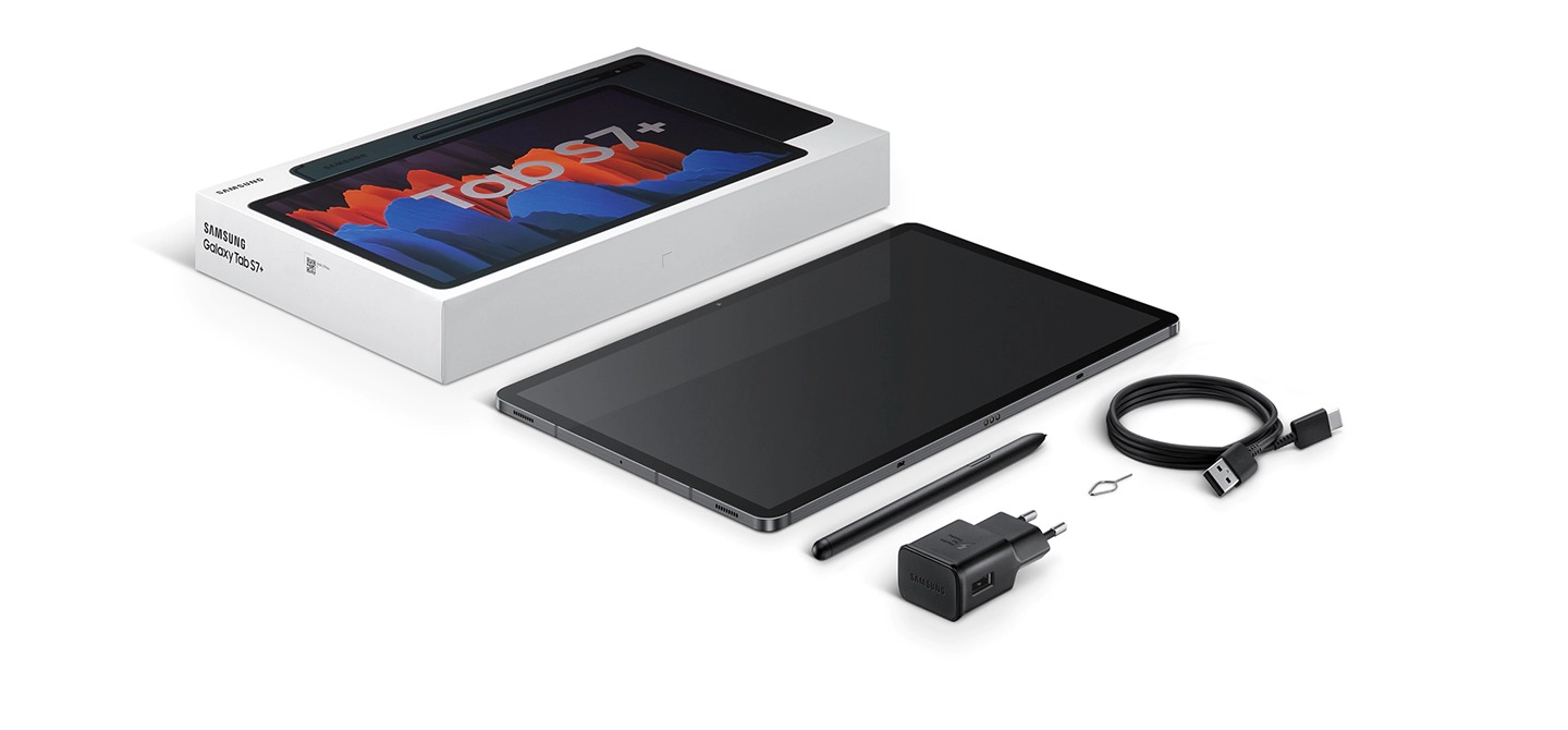 Flat lay of items included in box with Galaxy Tab S7+. The packaging, the device, S Pen, travel adapter, USB Type-C earphones, data link cable, and SIM ejection pin