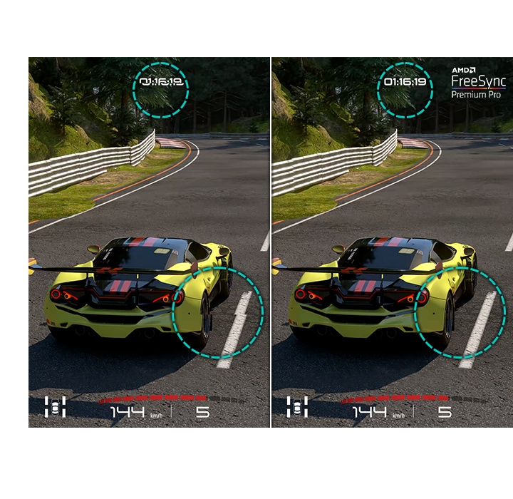 The Benefit of Amd Freesync Premium Pro is explained with the tearing picture on the screen when the feature is off