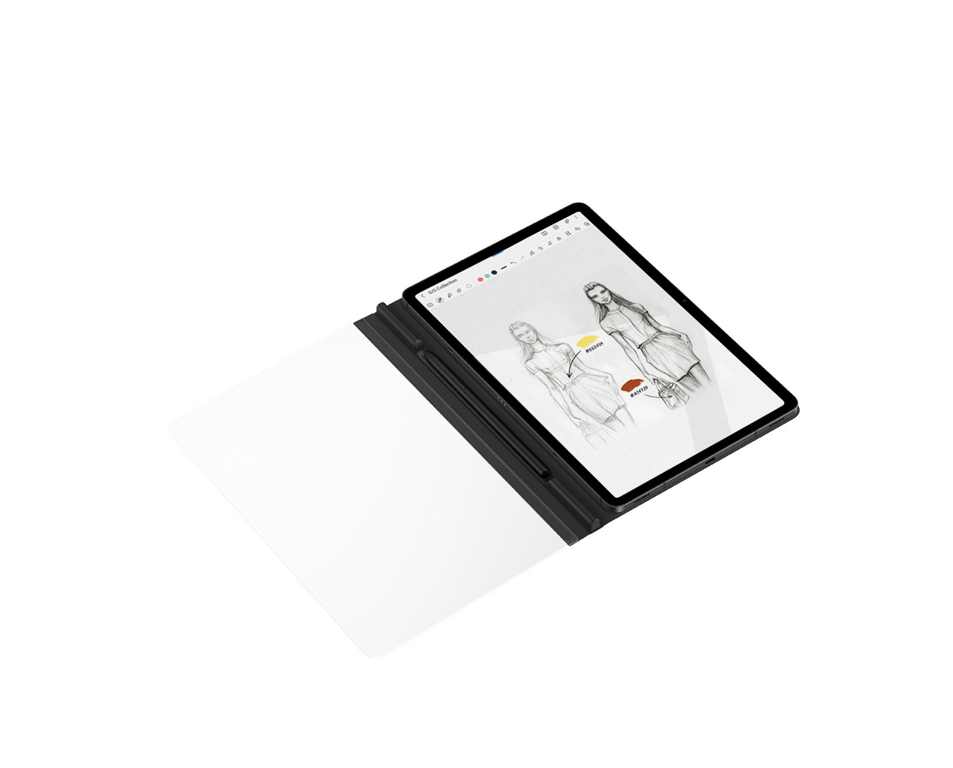 A Galaxy Tab S8 device in a Tab S8 Note View Cover with an S Pen kept in the embedded holder shown. On the screen is fashion illustration drawn with the S Pen.