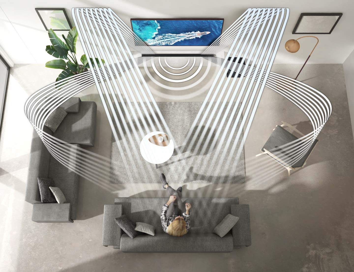 Various Soundwave Graphics Coming from Soundbar Illustrate How the Woman Enjoying the Frame Tv in Her Living Room Experiences Sound Created by Samsung Acoustic Beam. 2 Soundwave Graphics Are Up-Firing from the Top of the Soundbar and Toward the Woman. 3 soundwave graphics are coming from the side an