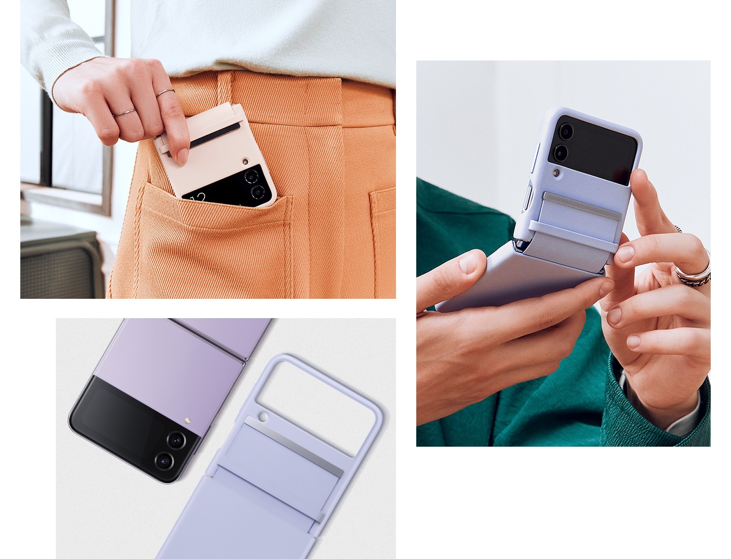 Sur l'image en haut à gauche, une femme glisse dans sa poche son appareil Galaxy Z Flip4 équipé de la coque en cuir avec rabat en coloris Peach. Sur l'image de droite, un homme regarde son appareil Galaxy Z Flip4 habillé d'une coque en cuir avec rabat en coloris Light Blue et replié pour profiter d'un meilleur angle de vue. Sur la photo du bas, un appareil Galaxy Z Flip4 en coloris Bora Purple et une coque en cuir avec rabat en coloris Light Blue sont posés faces vers le bas et vus de dessus. 