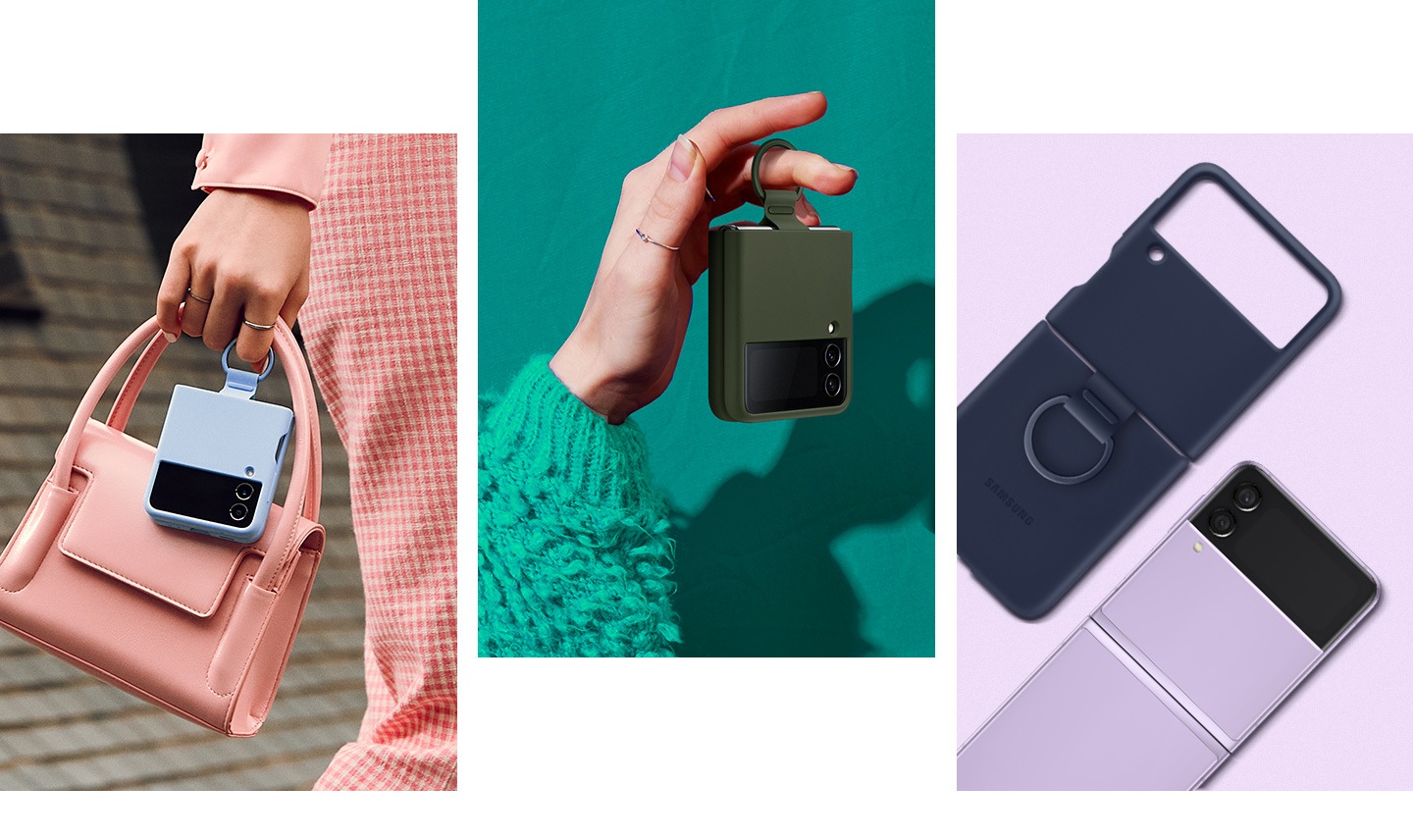 Sur l'image de gauche, une femme tient un sac de couleur pêche et son téléphone Galaxy Z Flip4 dans la même main en utilisant l'anneau de la coque en silicone avec anneau en coloris Arctic Blue de son appareil. Sur l'image du milieu, un téléphone Galaxy Z Flip4 équipé d'une coque en silicone avec anneau est suspendu à un doigt sur lequel est enfilé l'anneau. Sur l'image de droite, une coque en silicone avec anneau en coloris Navy est présentée à côté d'un appareil Galaxy Z Flip4. 