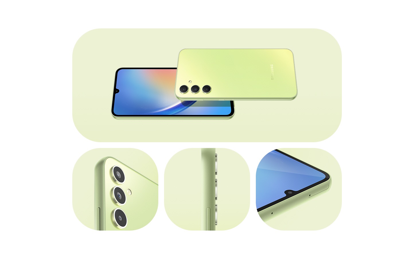 1. Le design du Galaxy A34 5G est illustré par plusieurs appareils en Awesome Lime. On aperçoit les faces avant et arrière, ainsi que des vues en gros plan du module photo arrière à capteurs multiples, de l’appareil photo avant ainsi que de la tranche de l'appareil. 