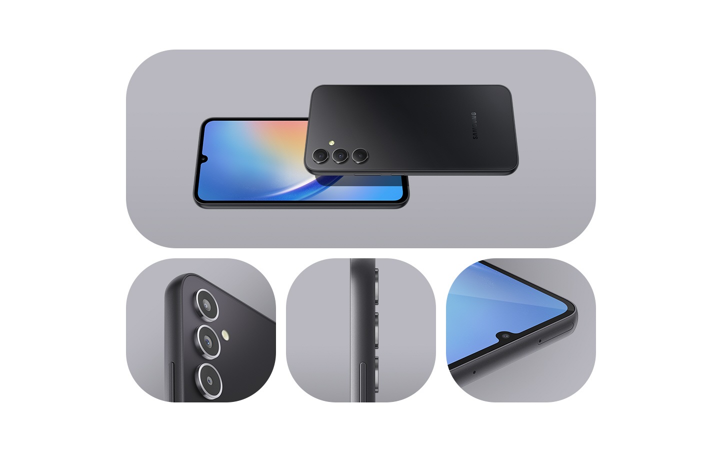 4. Le design du Galaxy A34 5G est illustré par plusieurs appareils en Awesome Graphite. On aperçoit les faces avant et arrière, ainsi que des vues en gros plan du module photo arrière à capteurs multiples, de l’appareil photo avant ainsi que de la tranche de l'appareil. 