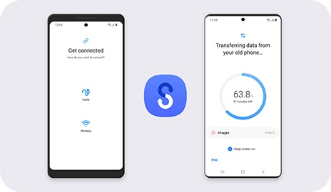 Un vieil appareil Galaxy est placé à côté du nouvel appareil Galaxy pour exécuter le Smart Switch. L’icône Smart Switch apparaît entre les deux appareils. Le vieil appareil montre qu’il est connecté et le nouveau affiche le texte « Transferring data from your old phone » avec l'indication d’avancement de 63,8 %.
