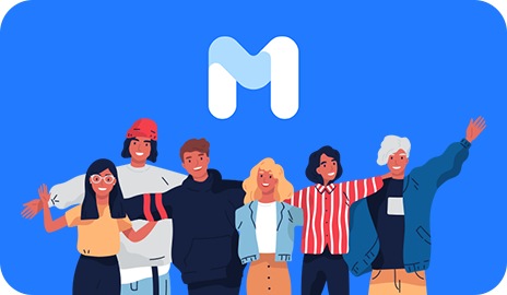 Dessin montrant un groupe d’amis se tenant les uns les autres par les bras sous un grand logo Samsung Members. 