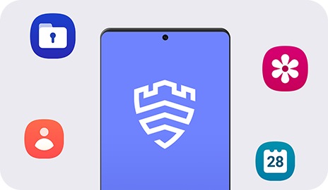 Vue de la moitié supérieure d’un smartphone Galaxy affichant un écran bleu avec un grand logo Knox. Autour de l’appareil, on aperçoit les icônes Fichiers, Contacts, Galerie et Calendrier. 
