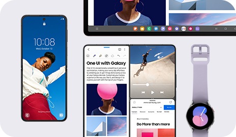 Un Galaxy Z Flip sur la gauche de l’image affiche un fond d’écran et le widget d’horloge numérique. À côté de celui-ci, un Galaxy Z Fold affiche un écran divisé en trois parties. Au-dessus de celui-ci, on aperçoit la barre de tâches d’une Galaxy Tab. Sur la droite, une Galaxy Watch affiche un cadran de montre.