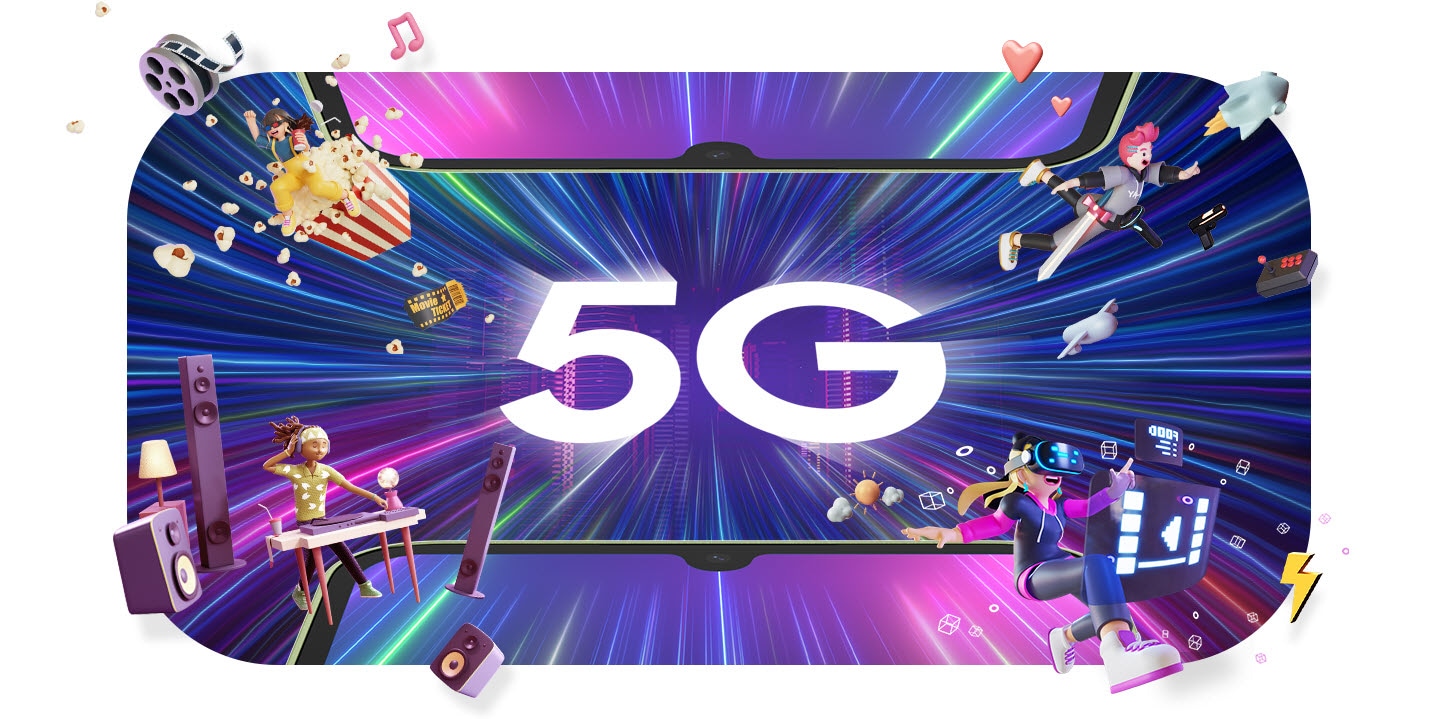 Les lettres « 5G » apparaissent entre deux Galaxy A34 5G placés horizontalement en haut et en bas de l’image. Diverses animations montrant des personnages dynamiques, comme par exemple une femme DJ, un visionnage VR, un visionnage de film, sont aspirées à grande vitesse vers le centre. 