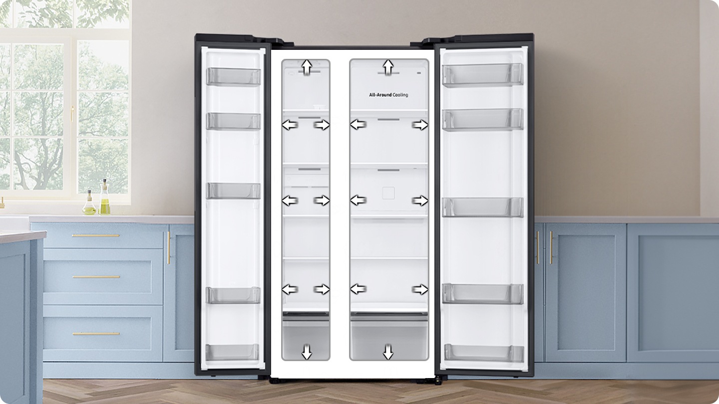 The arrows indicate that the refrigerator has more storage space than before. SpaceMax™ technology allows you to store more food.