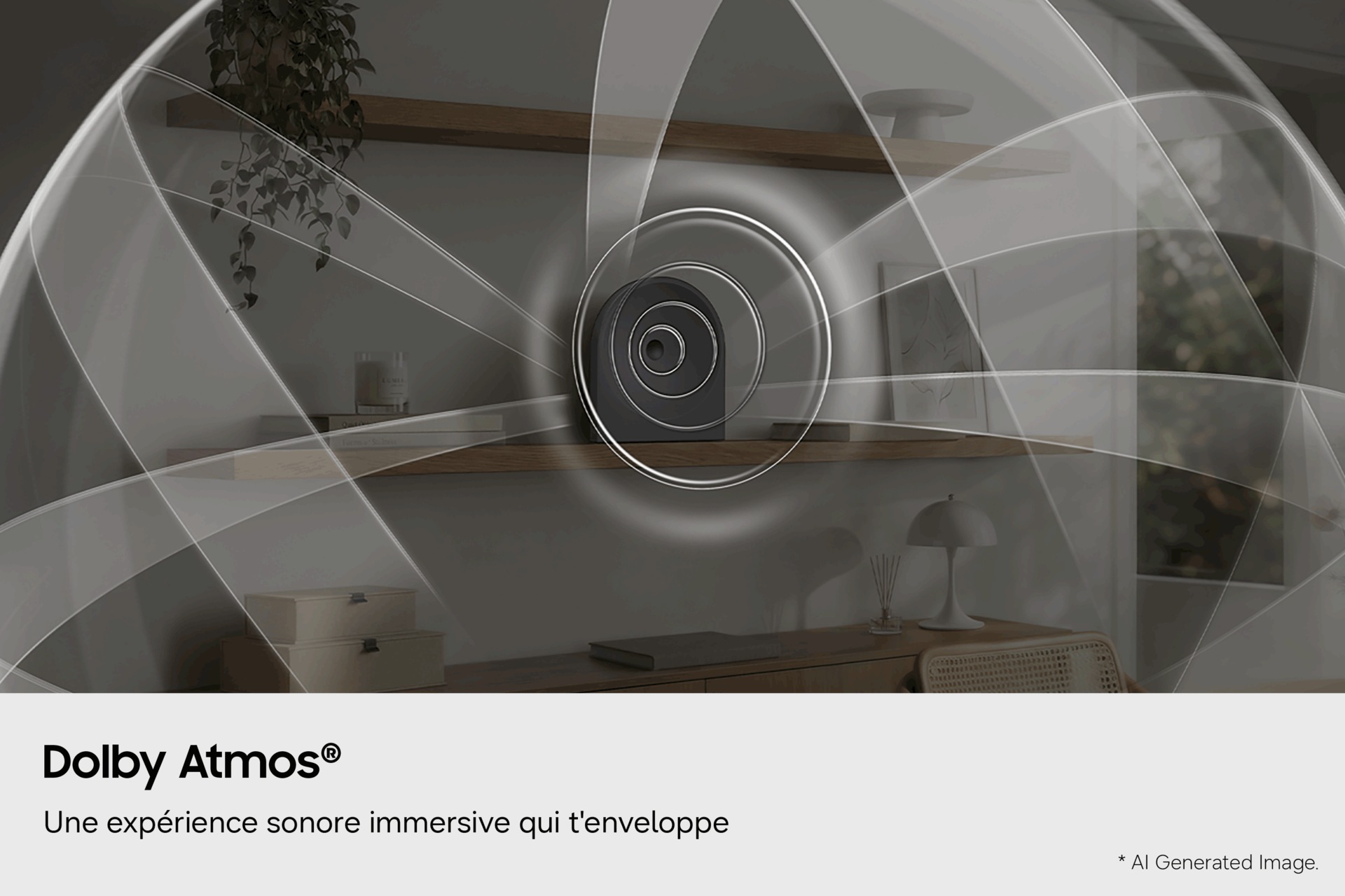 Un salon moderne avec une étagère suspendue, des caisses et une lampe. Le graphique qui s'affiche montre les ondes sonores émises par le Music Studio 5.