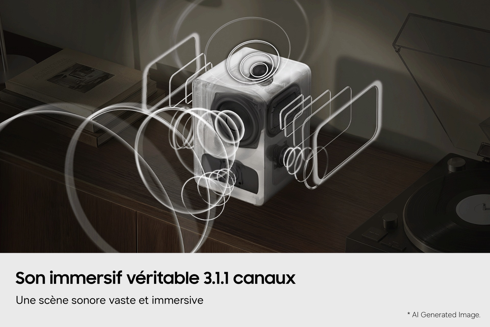 Une enceinte posée sur une surface en bois émet des ondes sonores dynamiques et circulaires, illustrant ainsi le son immersif à 3.1.1 canaux. À côté se trouvent des livres et une platine vinyle.