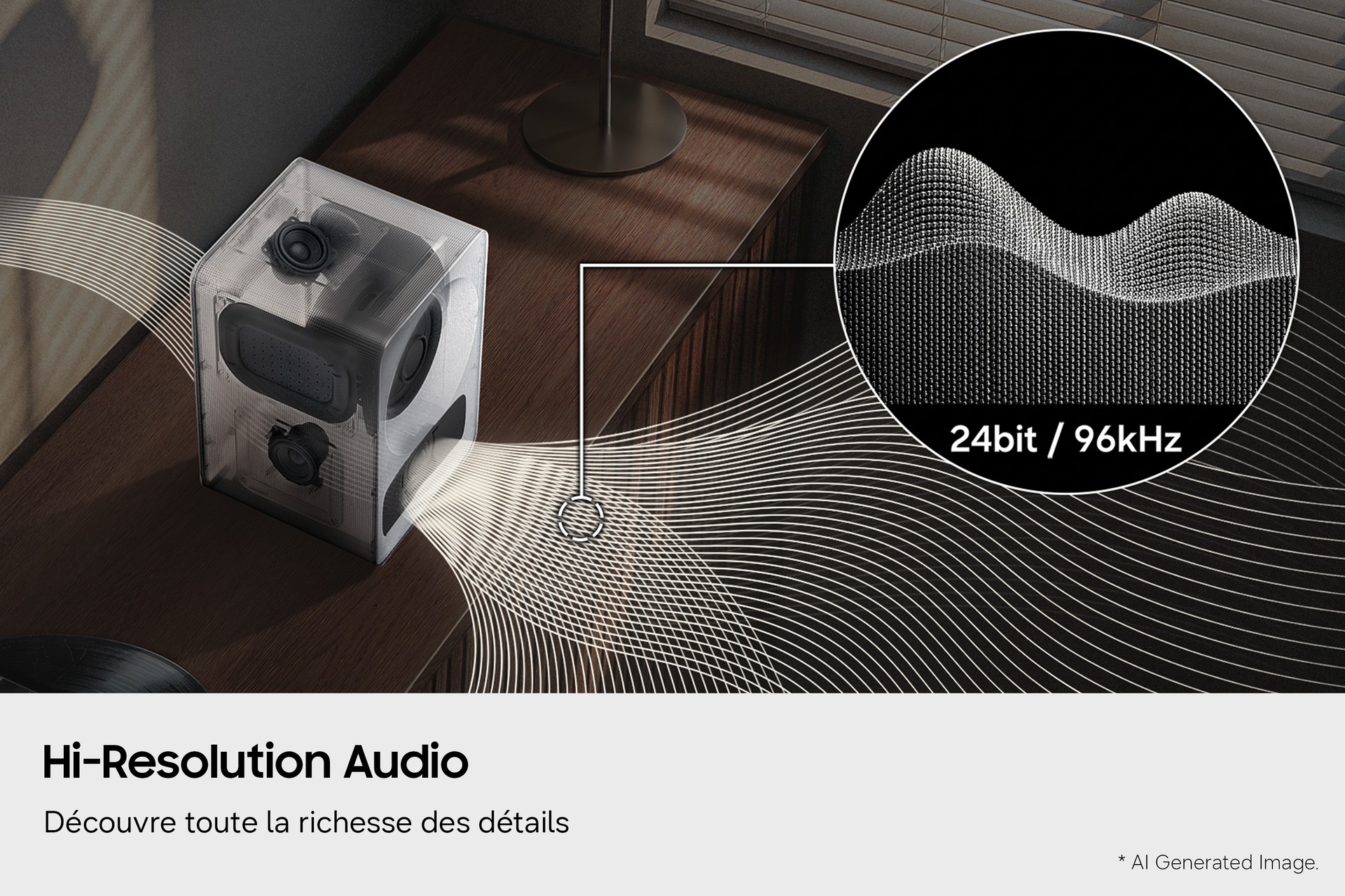 Un Music Studio 7 trône sur une table en bois, avec en arrière-plan un mur texturé. Un vase doré et des livres empilés confèrent à l'ensemble une touche moderne et élégante.