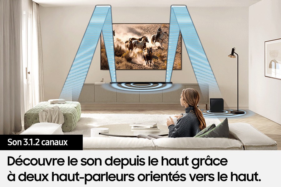 Différents graphiques représentant les ondes sonores émises par la barre de son illustrent le véritable son 3.1.2 canaux.