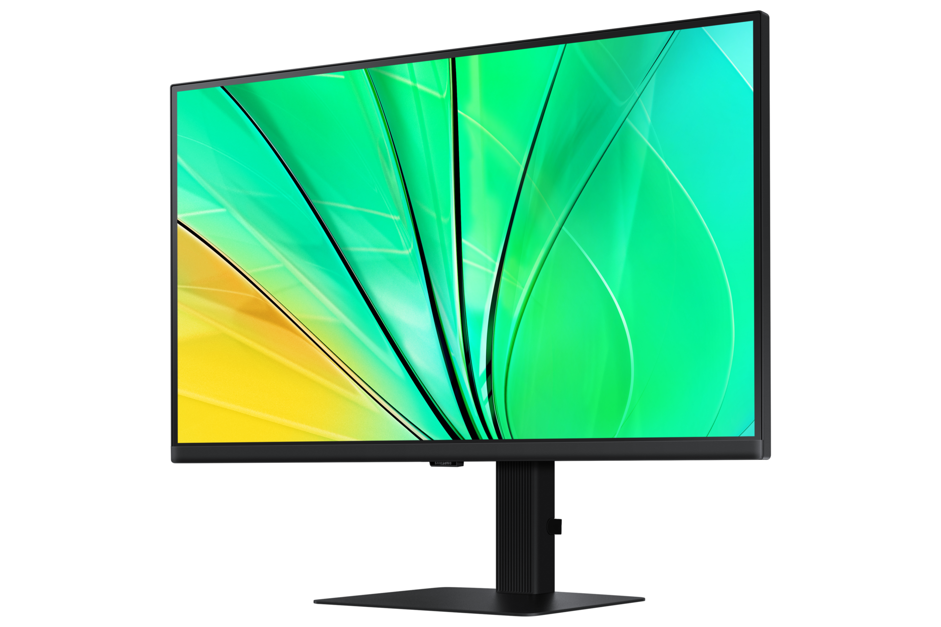 Vue de biais depuis la droite de l'écran du Samsung ViewFinity S60D 27-pouces affichant une vague verte.
