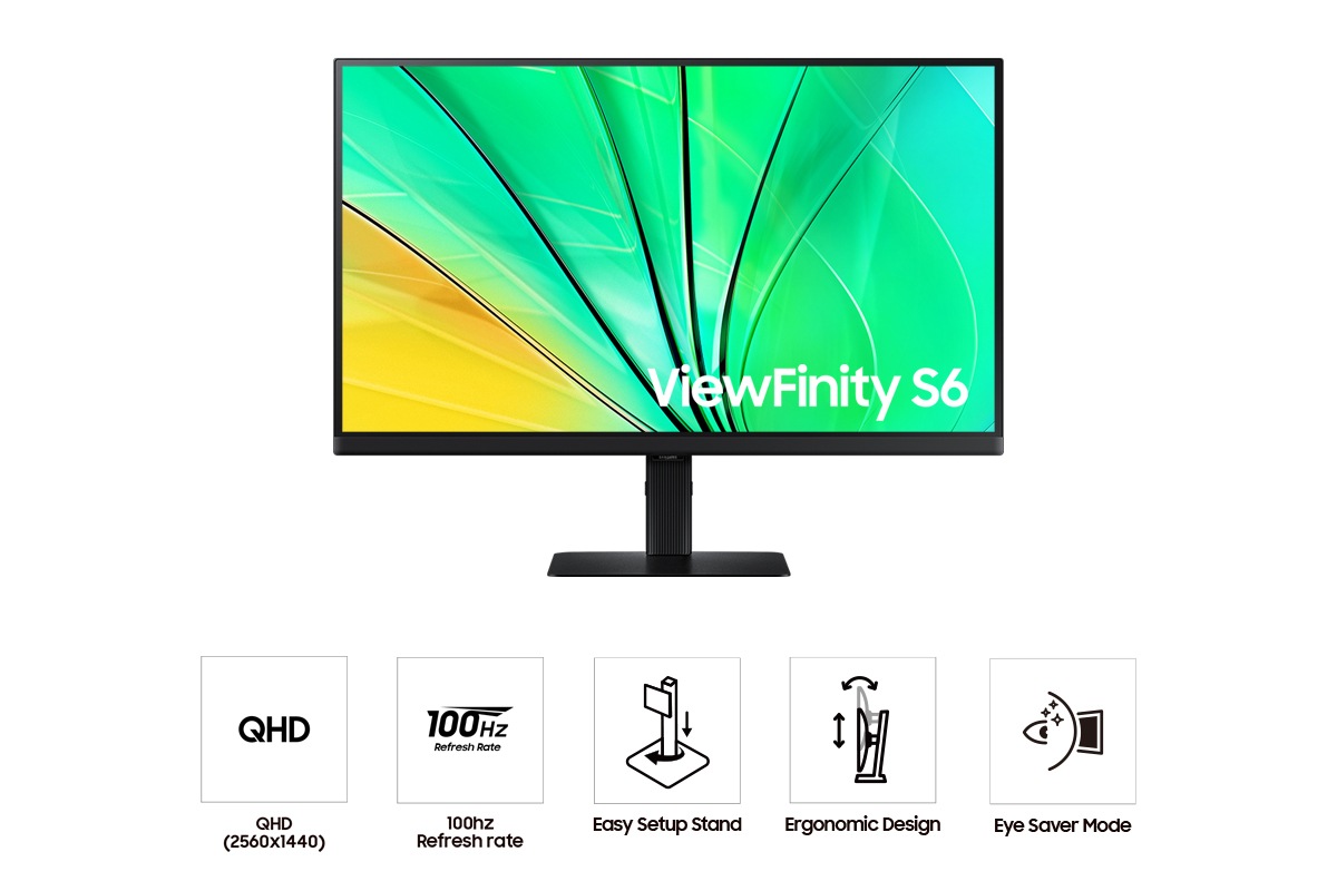 Vue de face du Samsung ViewFinity S60D 27-pouces affichant une vague verte à côté des cinq icônes des fonctionnalités QHD, Taux de rafraîchissement 100Hz, Pied Easy Setup, Design Ergonomique et Mode Eye Saver.