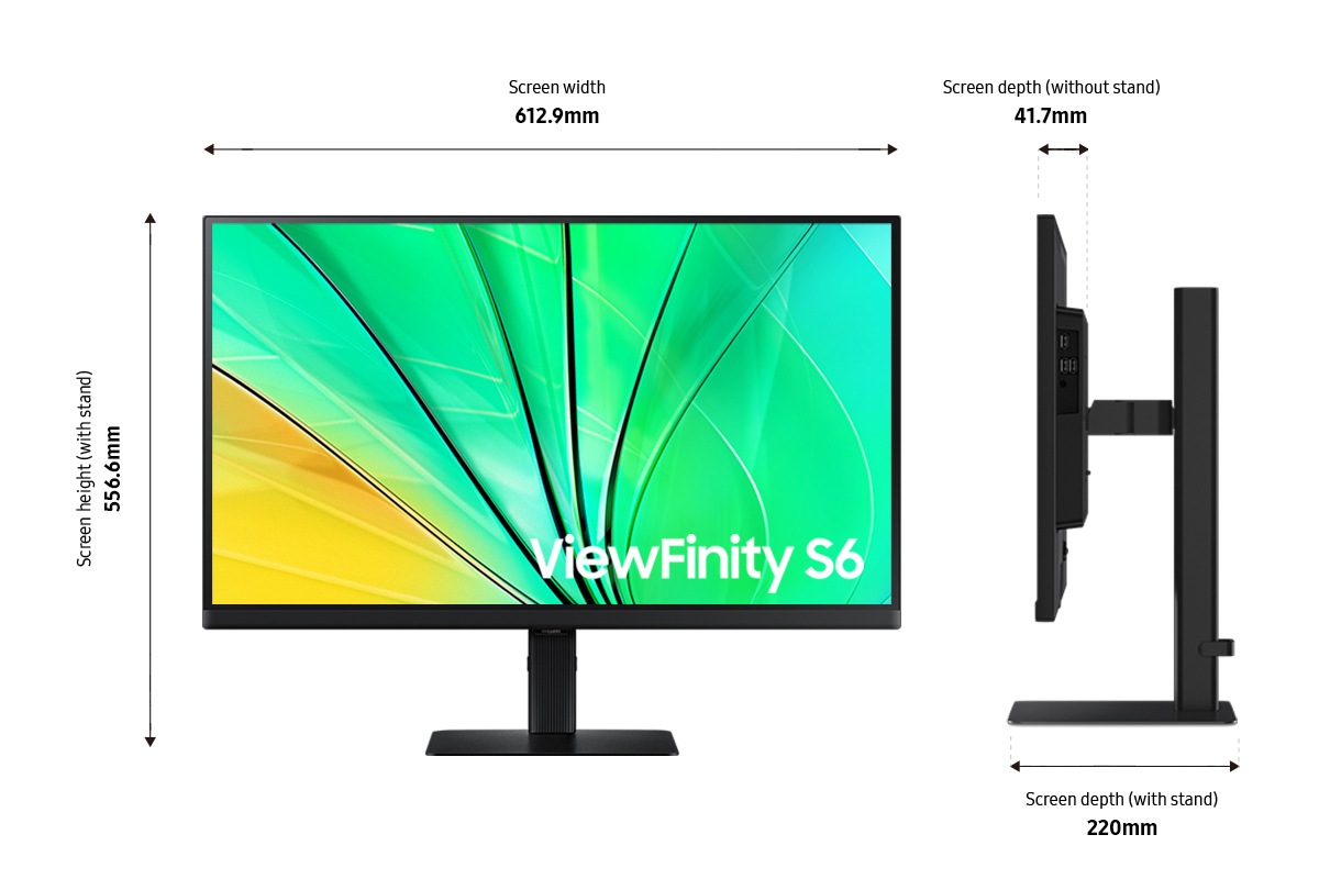 Dimensions du Samsung ViewFinity S60D 27-pouces (612,9 x 556,6 x 220 mm) sur son pied noir et épaisseur de l'écran de 41,7 mm sans le pied.