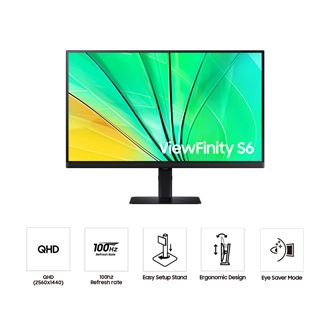 Vue de face du Samsung ViewFinity S60D 27-pouces affichant une vague verte à côté des cinq icônes des fonctionnalités QHD, Taux de rafraîchissement 100Hz, Pied Easy Setup, Design Ergonomique et Mode Eye Saver.