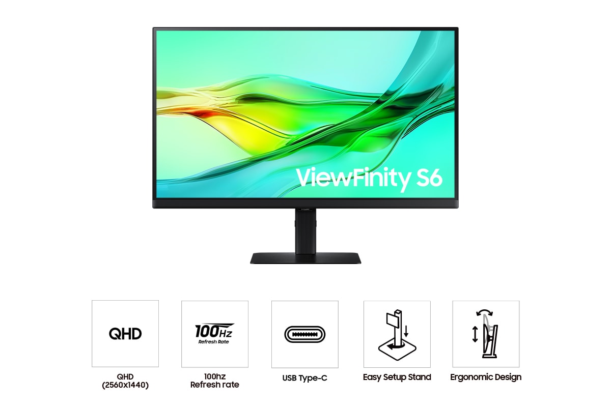 Vue de face du Samsung ViewFinity S60UD 27-pouces affichant une vague verte à côté des cinq icônes des fonctionnalités QHD, Taux de rafraîchissement 100Hz, USB Type-C, Pied Easy Setup et Design Ergonomique.