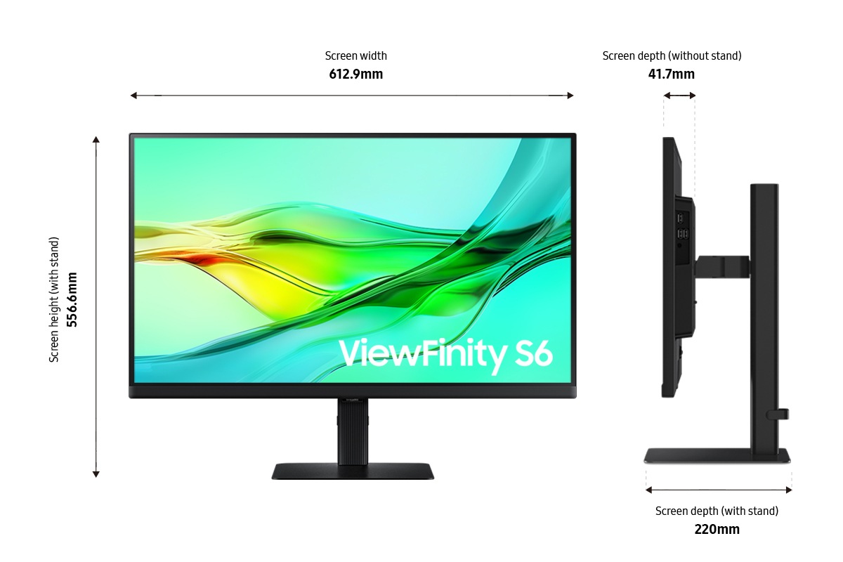 Dimensions du Samsung ViewFinity S60UD 27-pouces (612,9 x 556,6 x 220 mm) sur son pied noir et épaisseur de l'écran de 41,7 mm sans le pied.