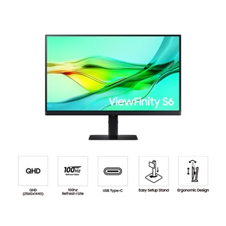 Vue de face du Samsung ViewFinity S60UD 27-pouces affichant une vague verte à côté des cinq icônes des fonctionnalités QHD, Taux de rafraîchissement 100Hz, USB Type-C, Pied Easy Setup et Design Ergonomique.