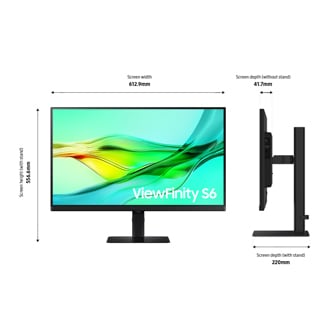 Dimensions du Samsung ViewFinity S60UD 27-pouces (612,9 x 556,6 x 220 mm) sur son pied noir et épaisseur de l'écran de 41,7 mm sans le pied.