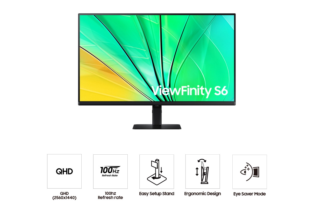 Vue de face du Samsung ViewFinity S60D 32-pouces affichant une vague verte à côté des cinq icônes des fonctionnalités QHD, Taux de rafraîchissement 100Hz, Pied Easy Setup, Design Ergonomique et Mode Eye Saver.