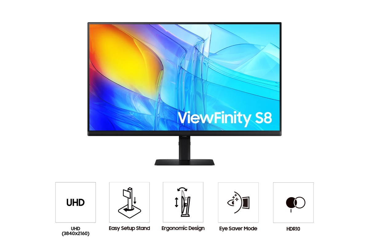 Vue de face du Samsung ViewFinity S80D 32-pouces affichant une vague bleue à côté des cinq icônes des fonctionnalités UHD, Pied Easy Setup, Design Ergonomique, Mode Eye Saver et HDR10.
