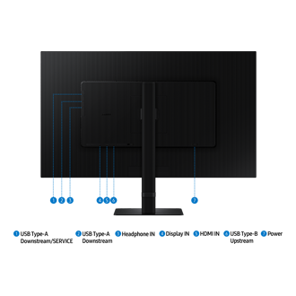 Interfaces de connexion du Samsung ViewFinity S80D 32-pouces incluant un port USB Type-A aval/SERVICE, un port USB Type-A aval, un port USB Type-B amont, une prise casque audio IN, un port Display IN, un port HDMI IN et le connecteur d'alimentation.