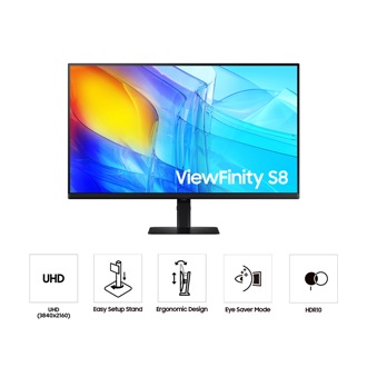 Vue de face du Samsung ViewFinity S80D 32-pouces affichant une vague bleue à côté des cinq icônes des fonctionnalités UHD, Pied Easy Setup, Design Ergonomique, Mode Eye Saver et HDR10.
