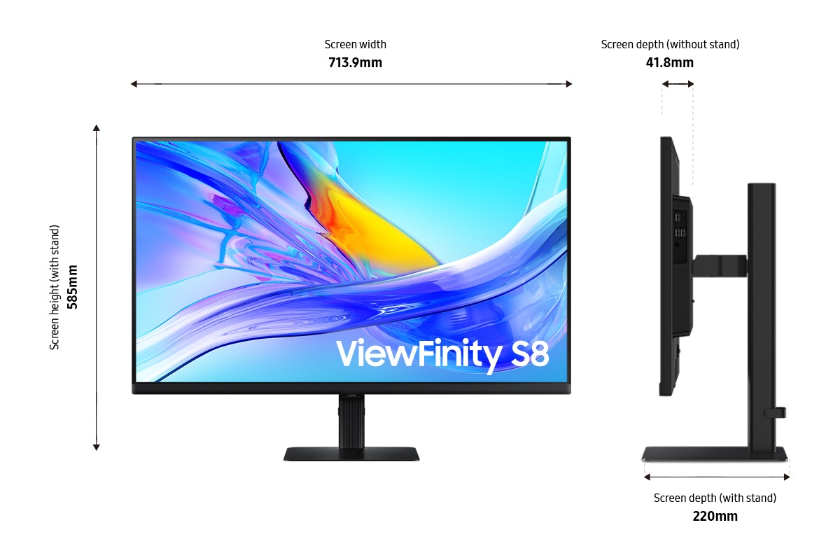 Dimensions du Samsung ViewFinity S80UD 32-pouces  (713,9 x 585 x 220 mm) sur son pied noir et épaisseur de l'écran de 41,8 mm sans le pied.