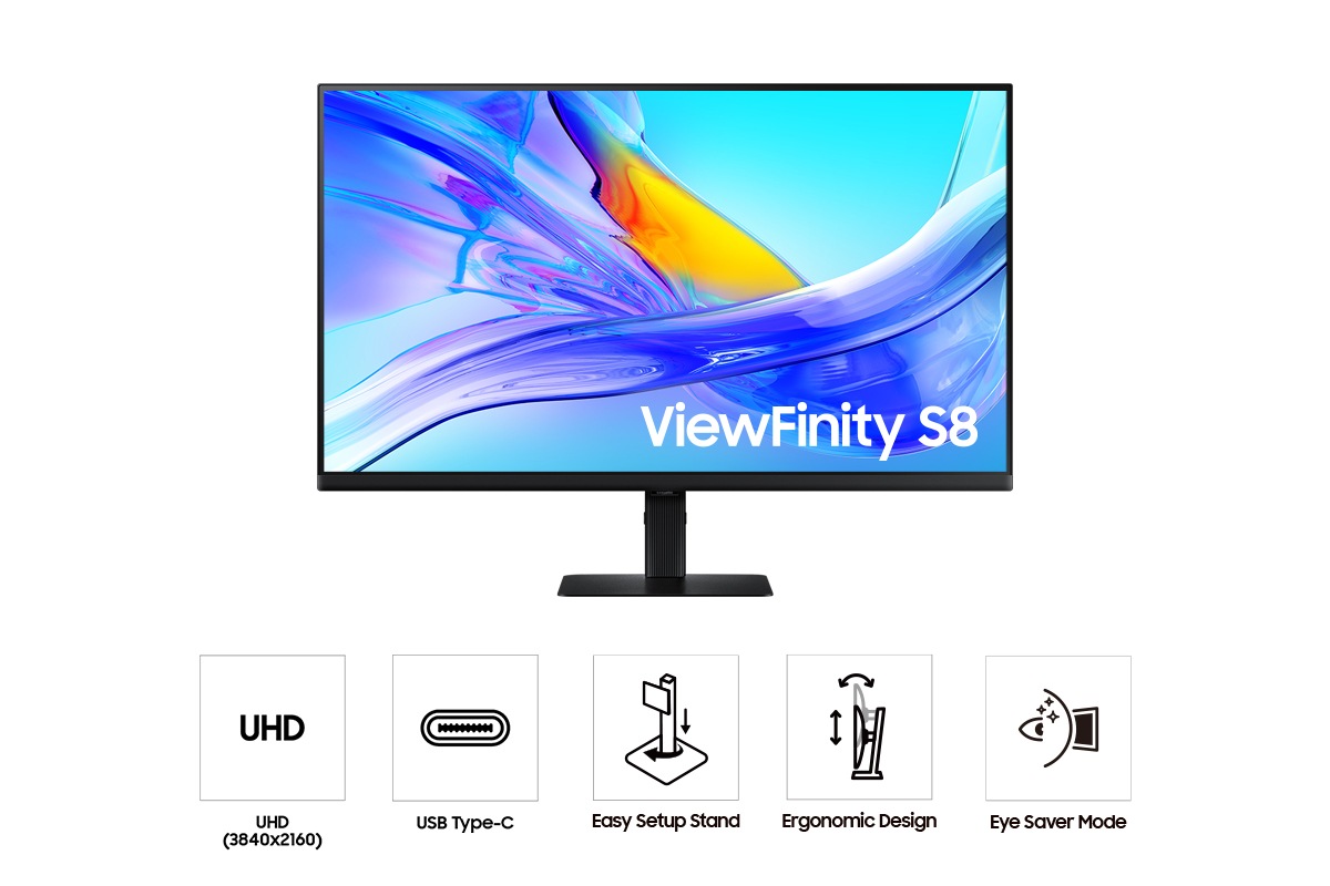 Vue de face du Samsung ViewFinity S80UD 32-pouces affichant une vague bleue à côté des cinq icônes des fonctionnalités UHD, USB Type-C, Pied Easy Setup, Design Ergonomique et Mode Eye Saver.