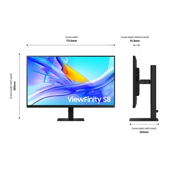 Dimensions du Samsung ViewFinity S80UD 32-pouces  (713,9 x 585 x 220 mm) sur son pied noir et épaisseur de l'écran de 41,8 mm sans le pied.