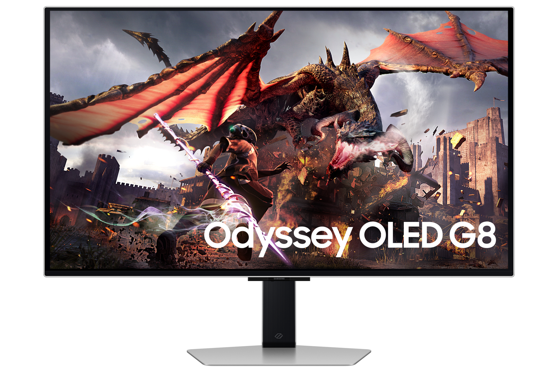 Vue de face du Samsung Odyssey OLED G8 G80SD qui affiche une scène montrant un dragon et un guerrier.