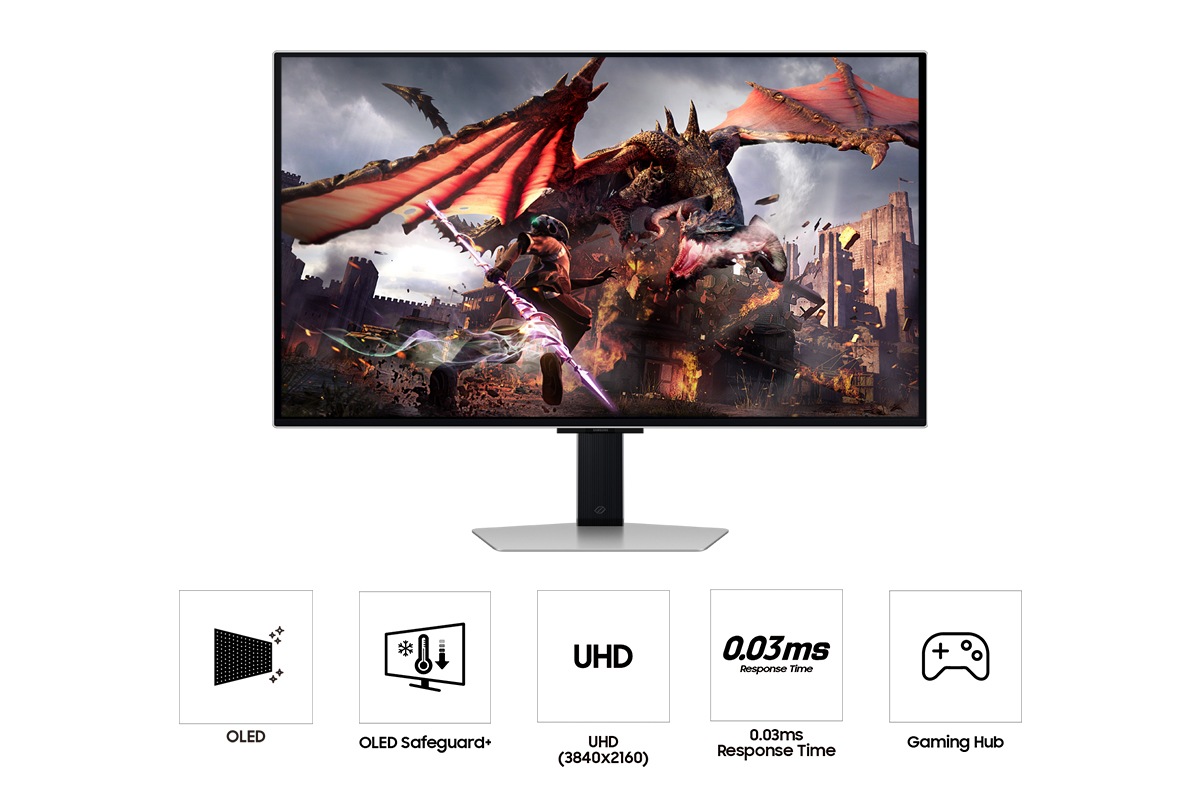 Vue de face du Samsung Odyssey OLED G8 G80SD affichant une scène avec un dragon et un guerrier, au-dessus des cinq icônes des fonctionnalités OLED, OLED safeguard+, UHD , 0.03ms Response Time et Gaming Hub.